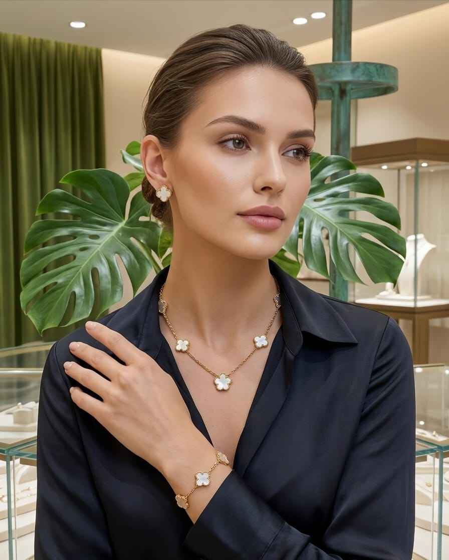 Gold clover charm necklace, bracelet, and stud earrings worn on a model