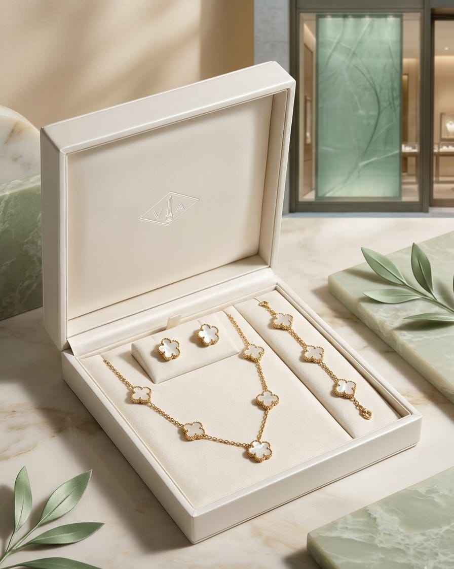 Gold clover charm jewelry set with necklace, bracelet, and stud earrings in a box