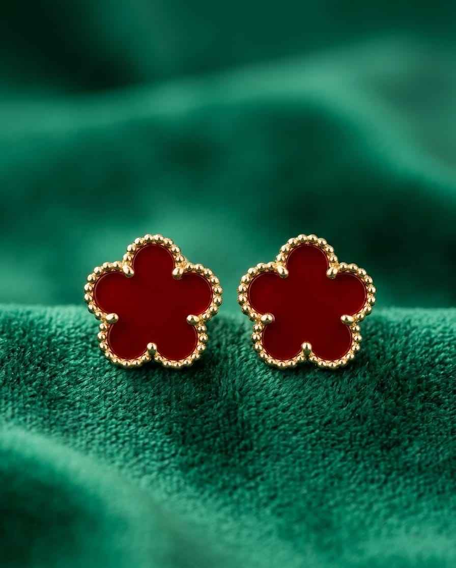Gold-tone red clover stud earrings with red enamel and scalloped edges