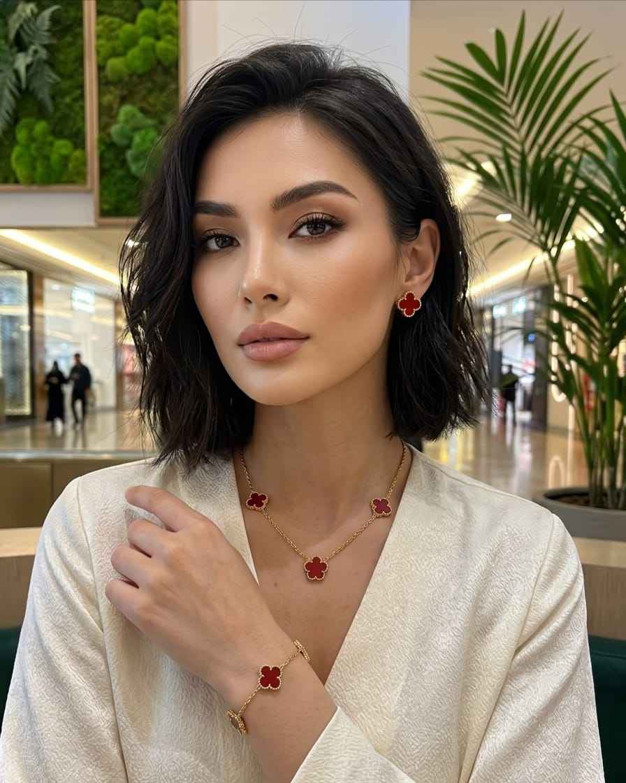 Gold-tone Red clover jewelry set worn: red clover earrings, necklace, and bracelet