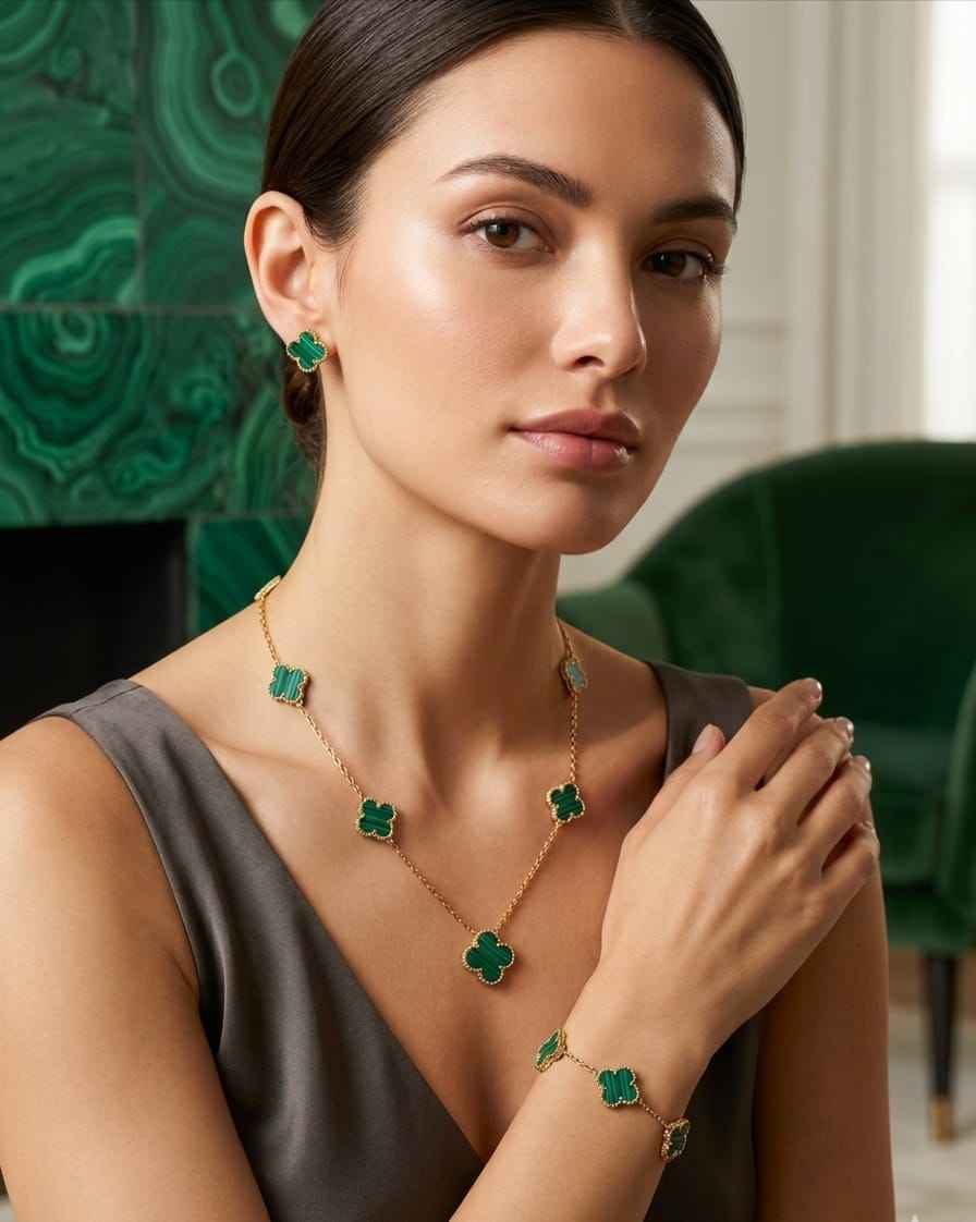 Clover enamel jewelry set on model: necklace, drop earrings, and bracelet
