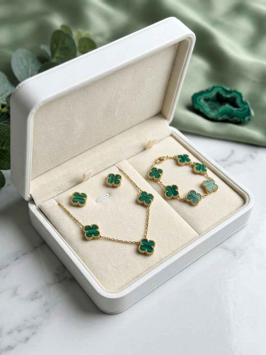Gold clover jewelry set with green enamel pendant necklace and stud earrings