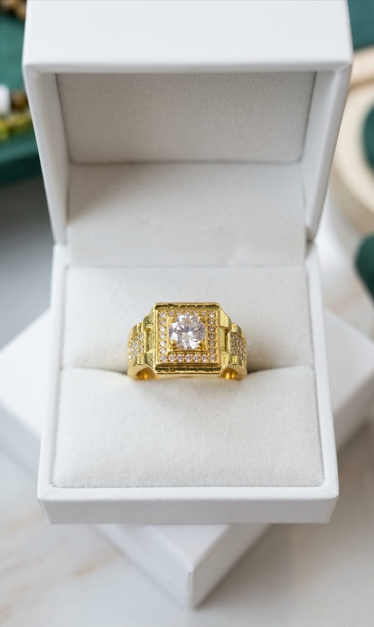 Royal Square Halo Gold Crystal Statement Ring