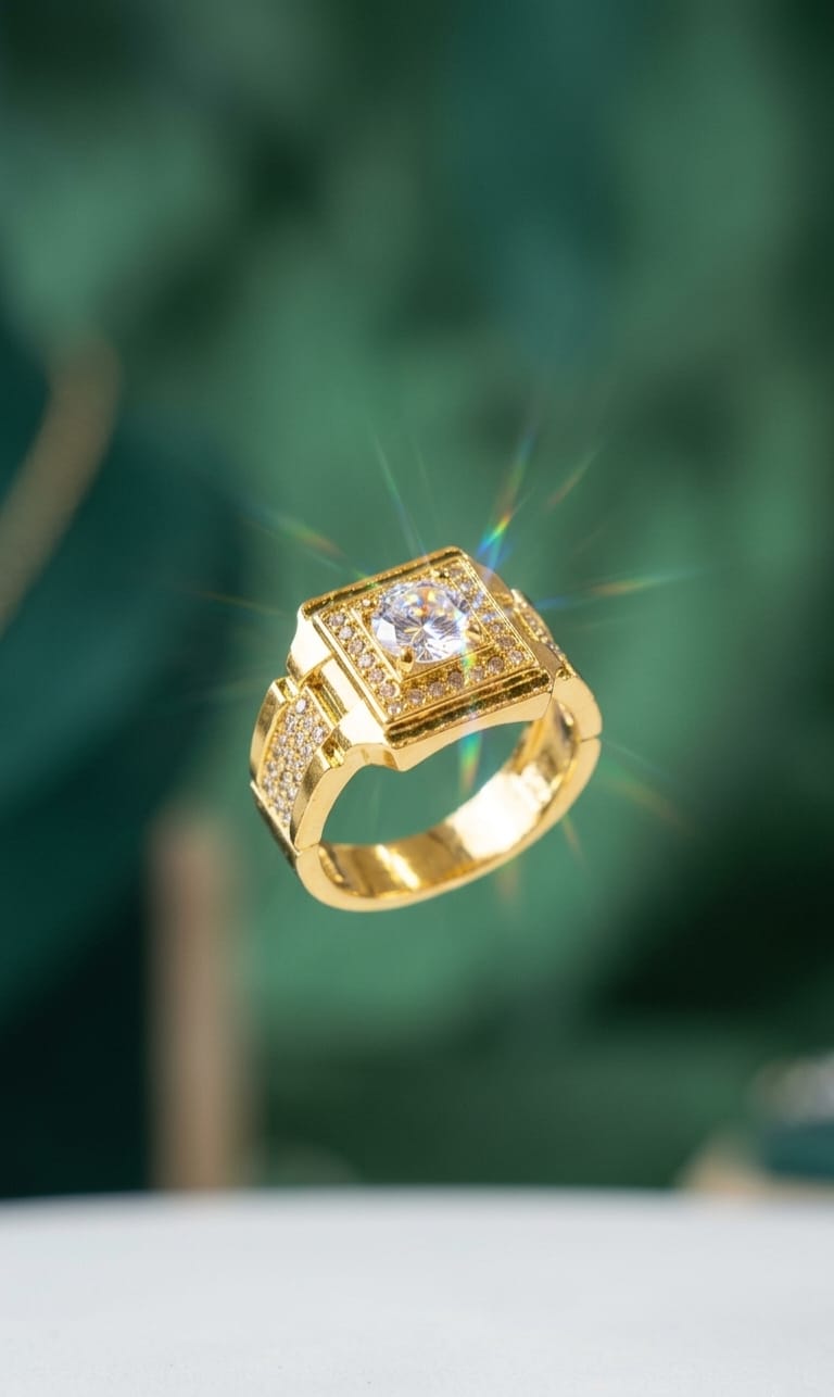 Royal Square Halo Gold Crystal Statement Ring