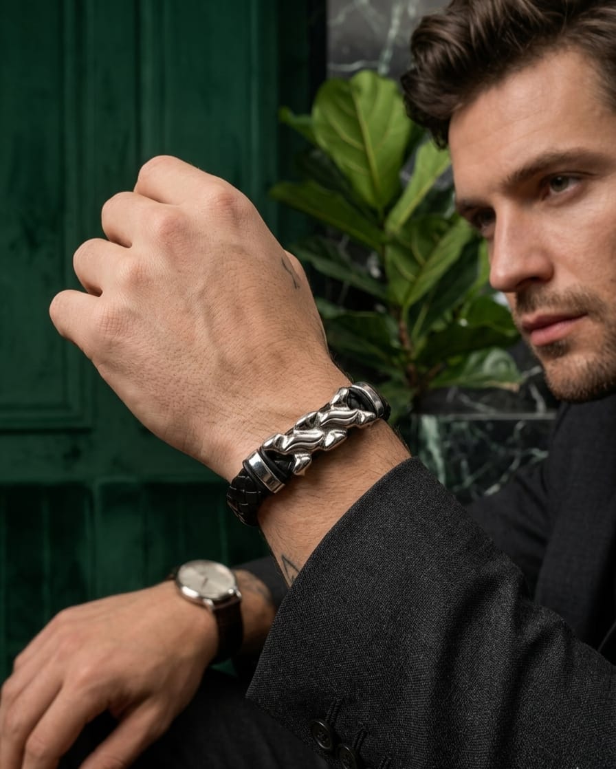 Dual Panther Braided Leather Steel Bracelet