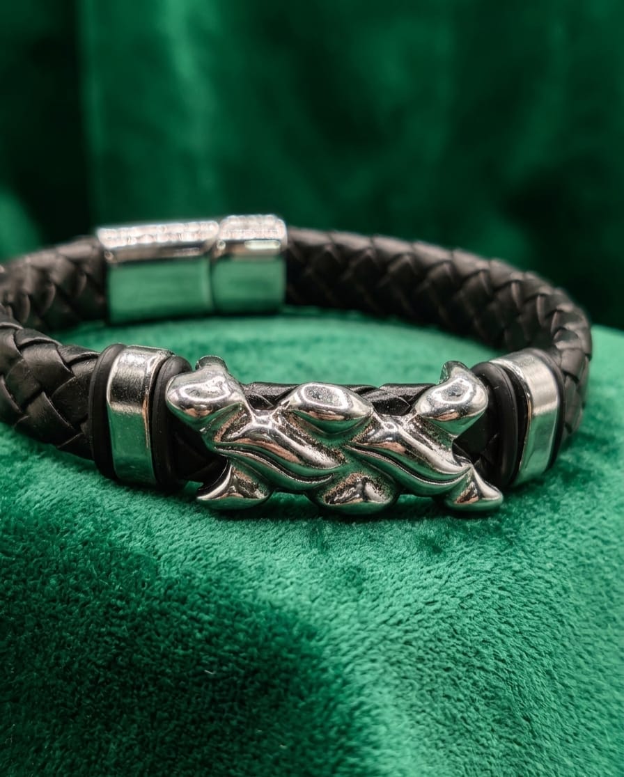 Dual Panther Braided Leather Steel Bracelet