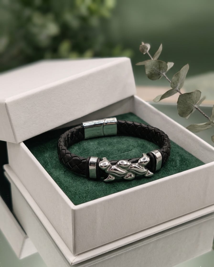 Dual Panther Braided Leather Steel Bracelet