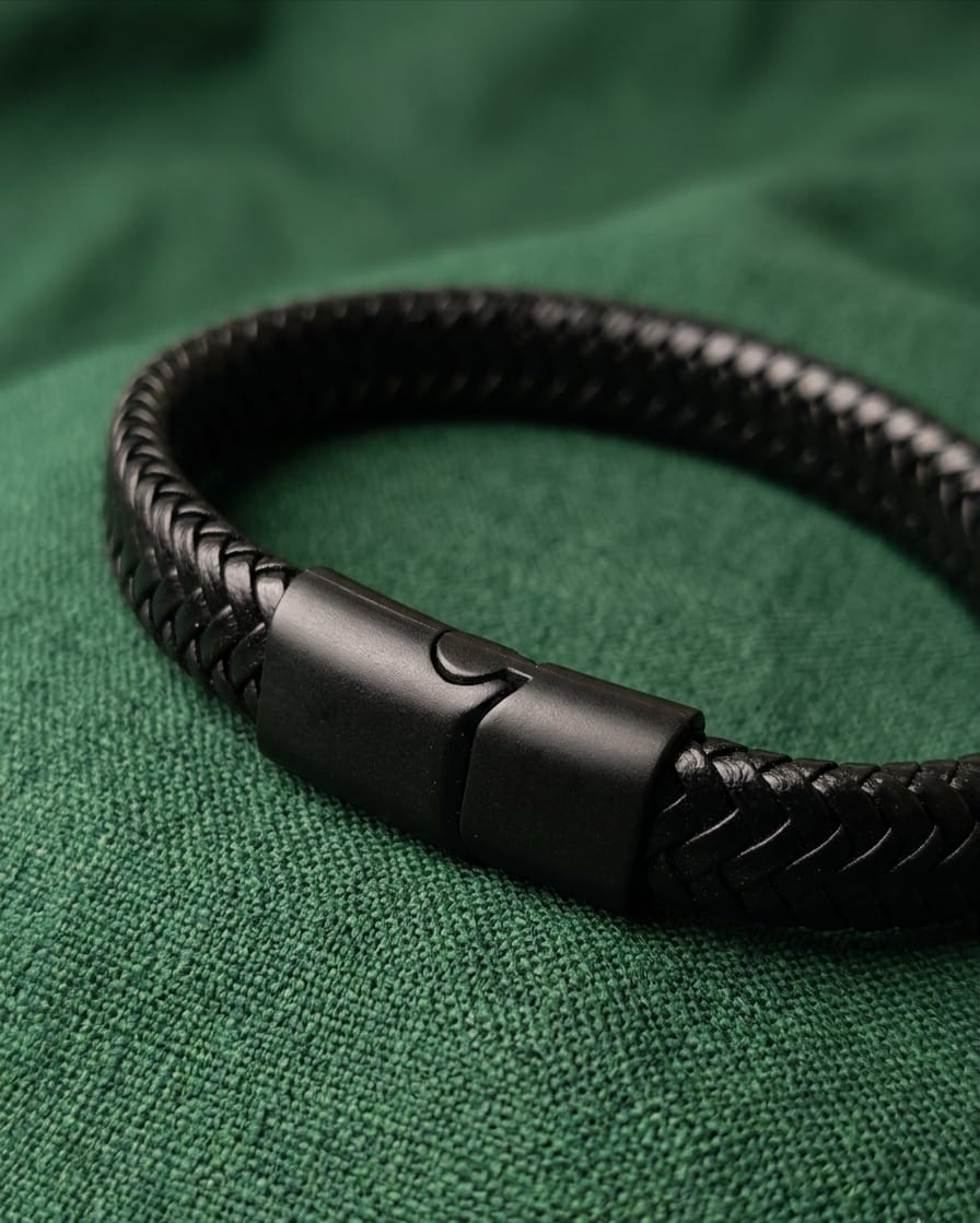 Black Braided Leather Clasp Bracelet