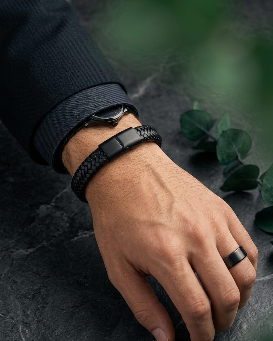 Black Braided Leather Clasp Bracelet