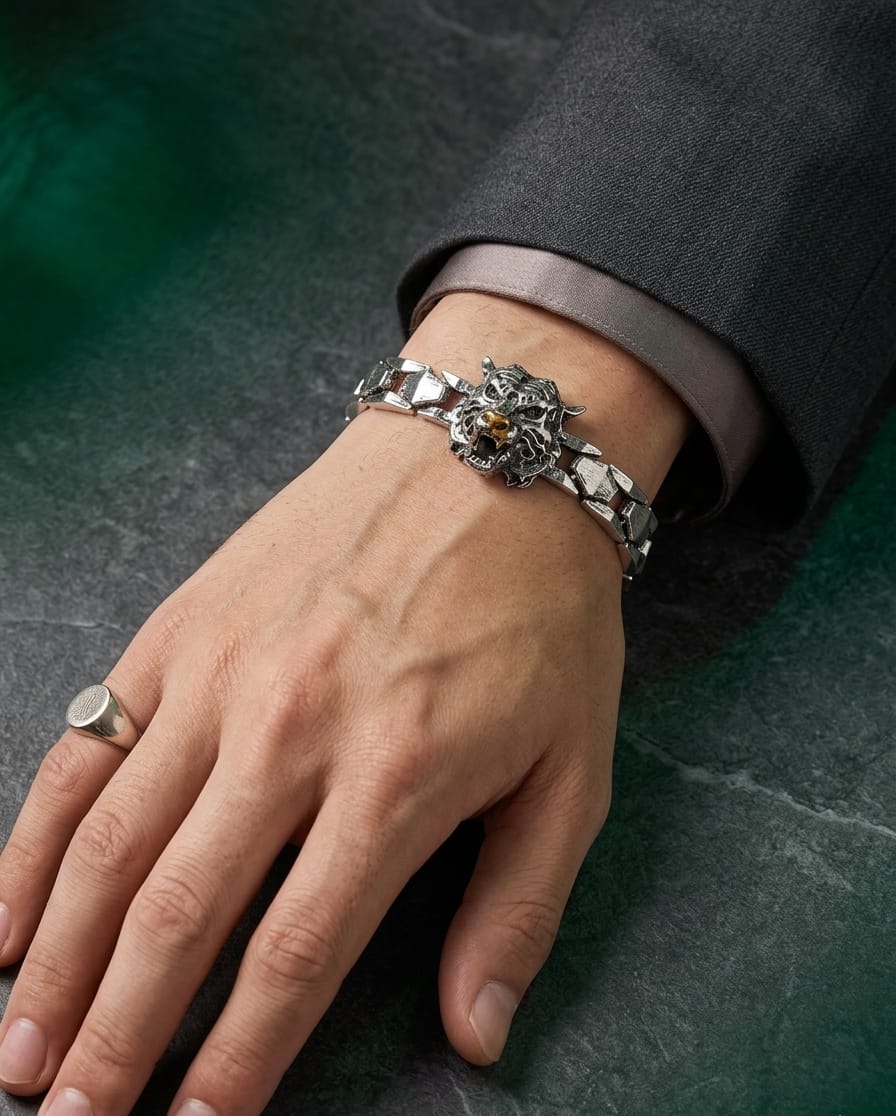 Ferocious Tiger Head Steel Chain Bracelet