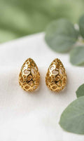 Gold filigree teardrop stud earrings with openwork pattern and rounded backs