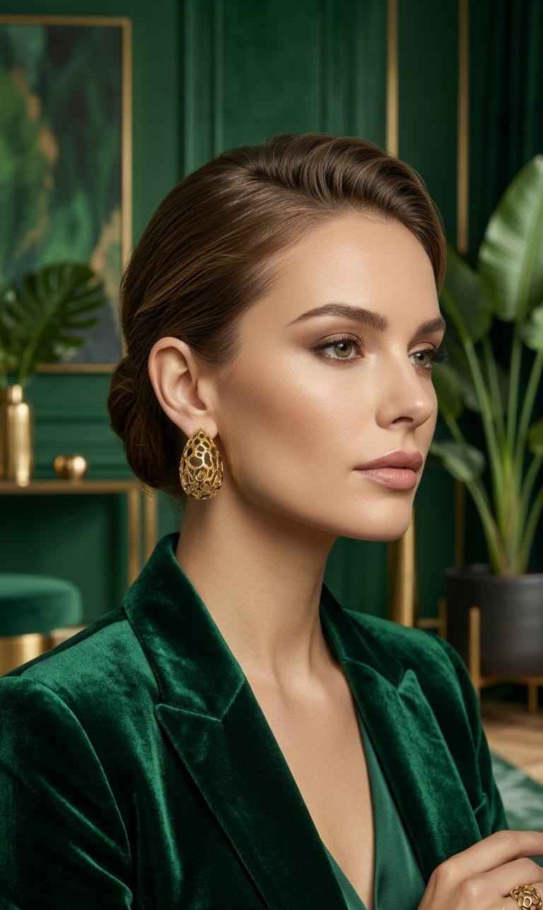 Gold filigree teardrop stud earring worn by model with hair pulled back