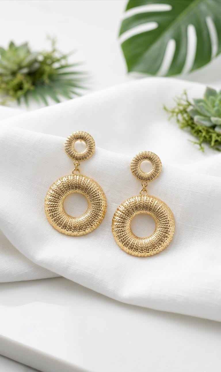 Gold double circle drop earrings on white fabric, inner hoop above textured outer ring