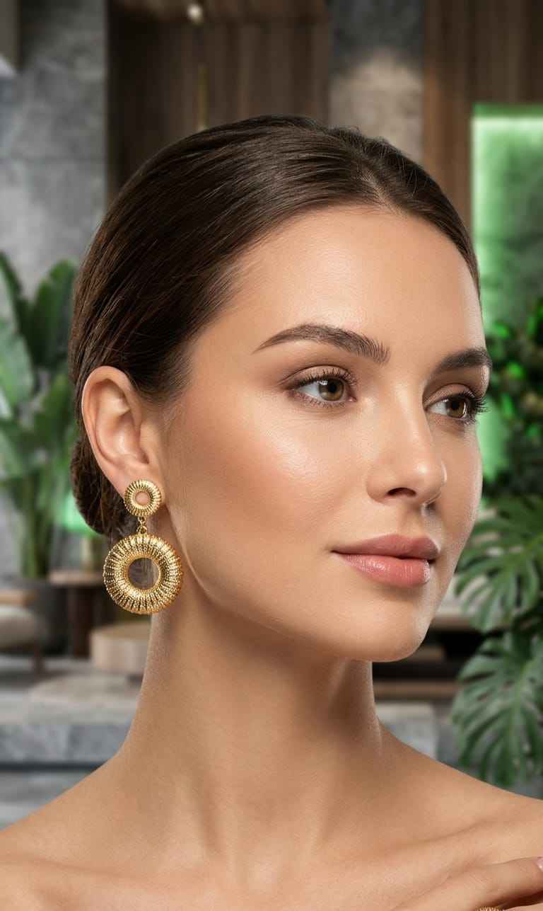 Gold double circle drop earrings worn on ear, with inner disc and textured outer ring