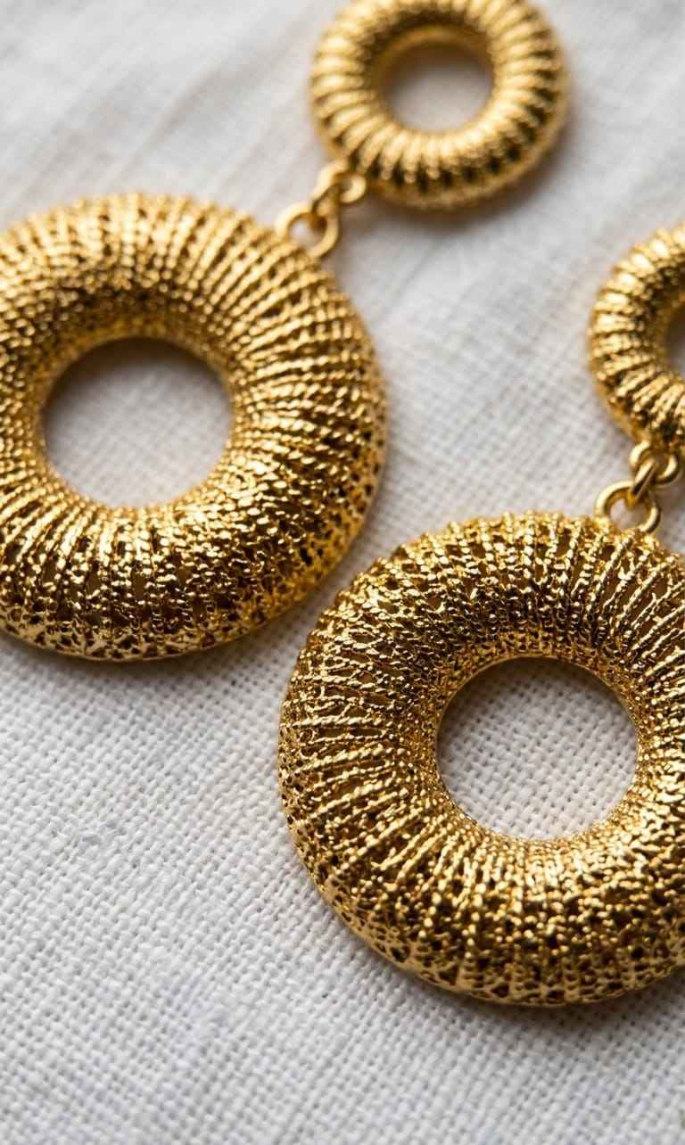 Gold textured double circle drop earrings with small inner hoop and outer ring