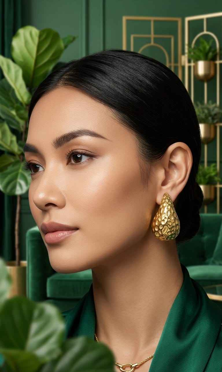 Hammered teardrop stud earrings on ear, gold-tone hammered teardrop studs