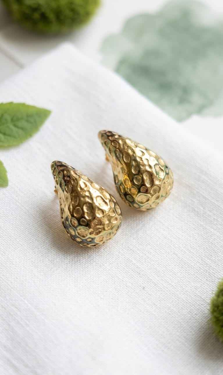 Hammered teardrop stud earrings, gold-tone textured metal teardrops