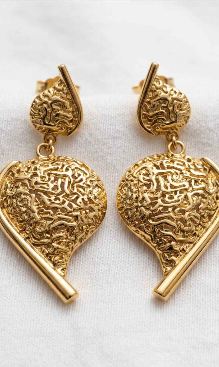 Gold-tone filigree heart drop earrings with textured heart pendants and straight bar accents.