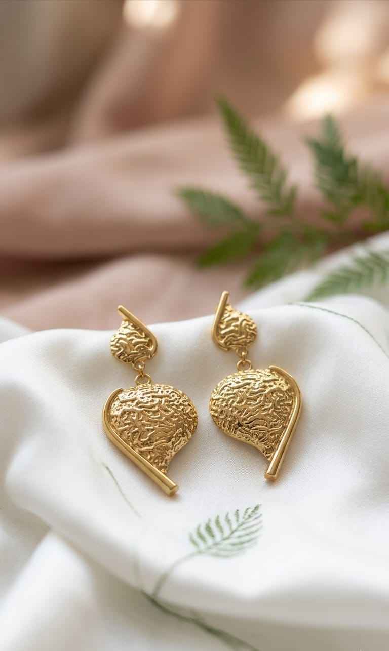 Gold-tone filigree heart drop earrings with small stud tops and dangling heart pendants.