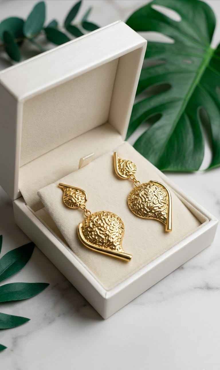Gold-tone filigree heart drop earrings in a gift box with heart pendants and bar details.