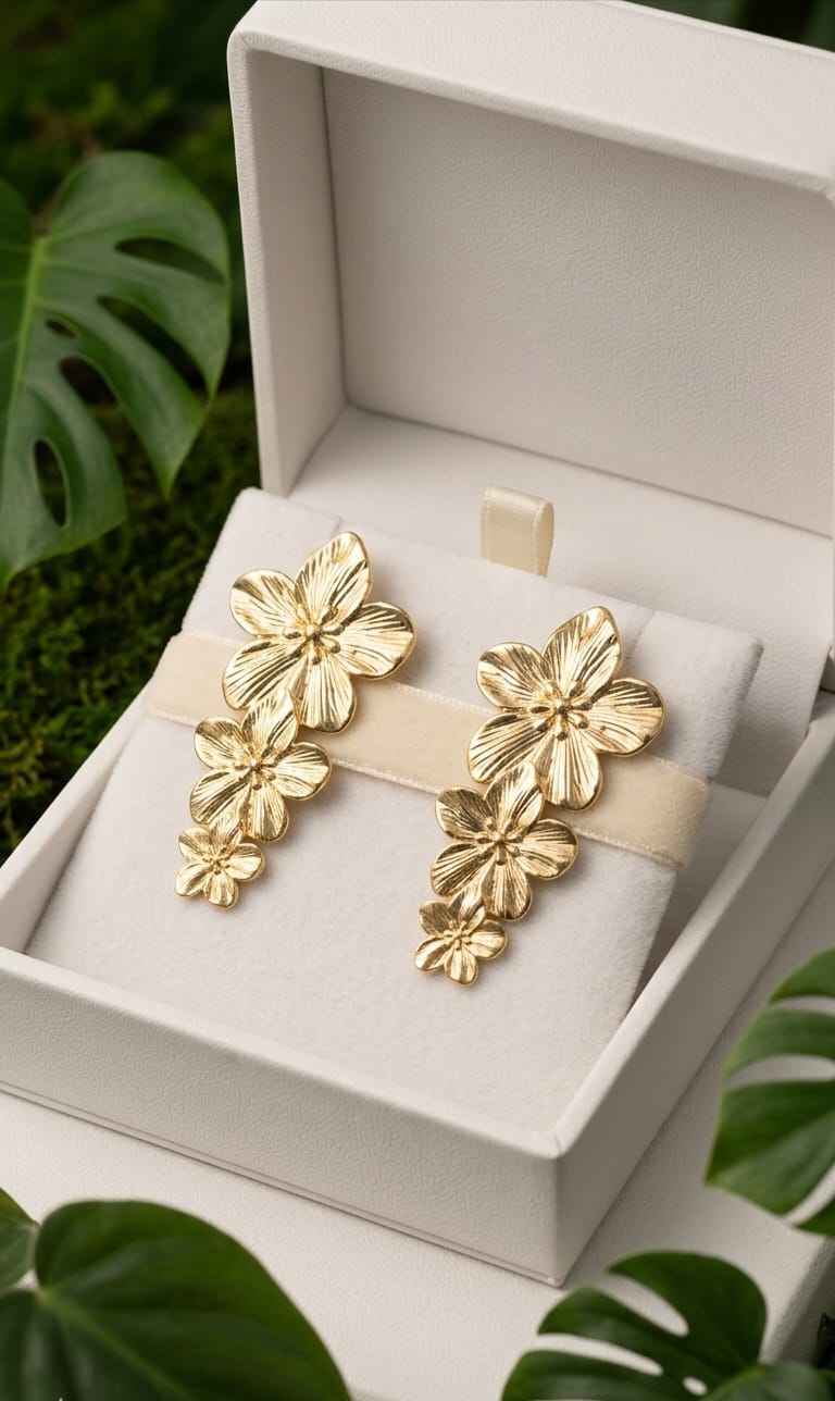 Gold floral drop earrings in a gift box, showing layered flower charms