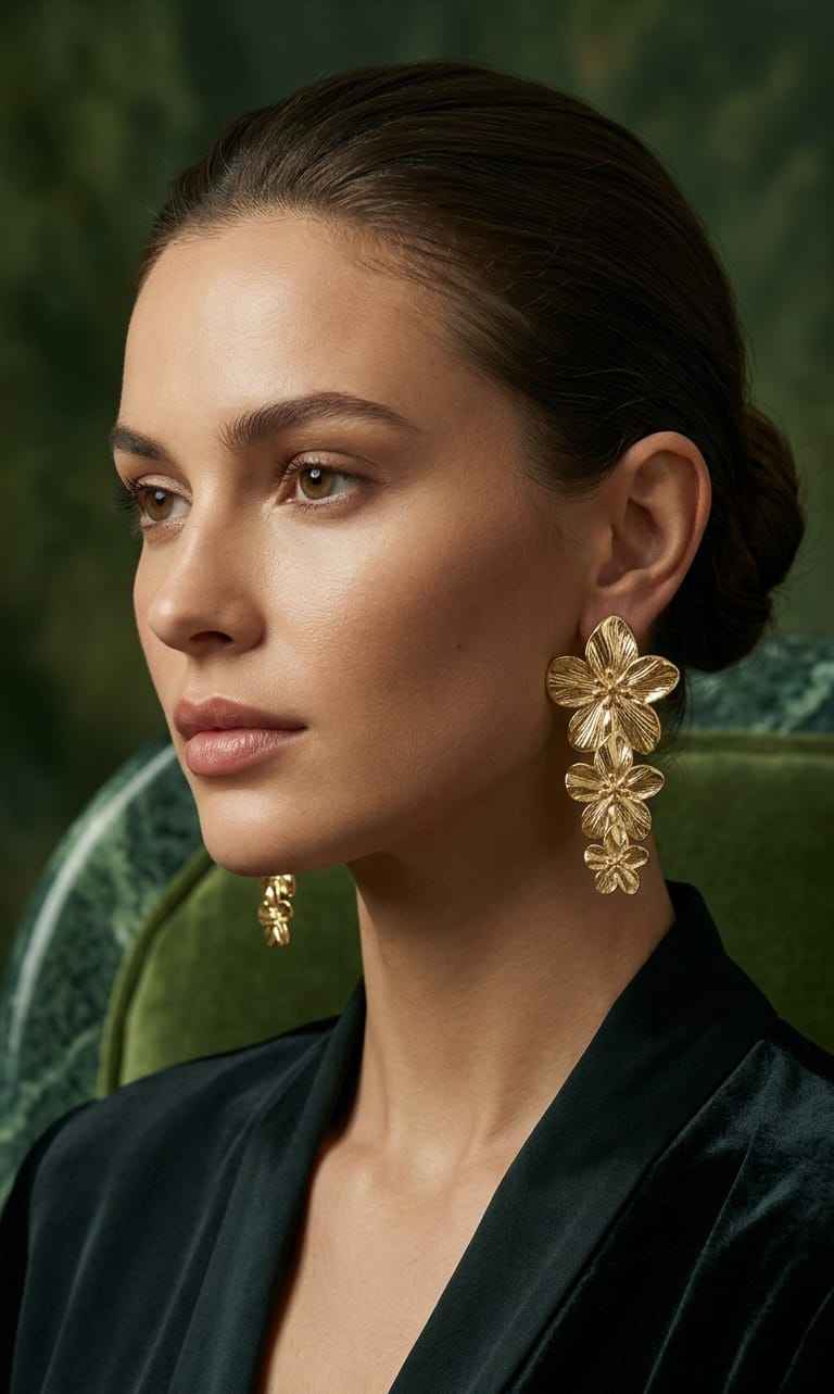 Gold flower drop earrings, long layered blooms dangling from a stud post