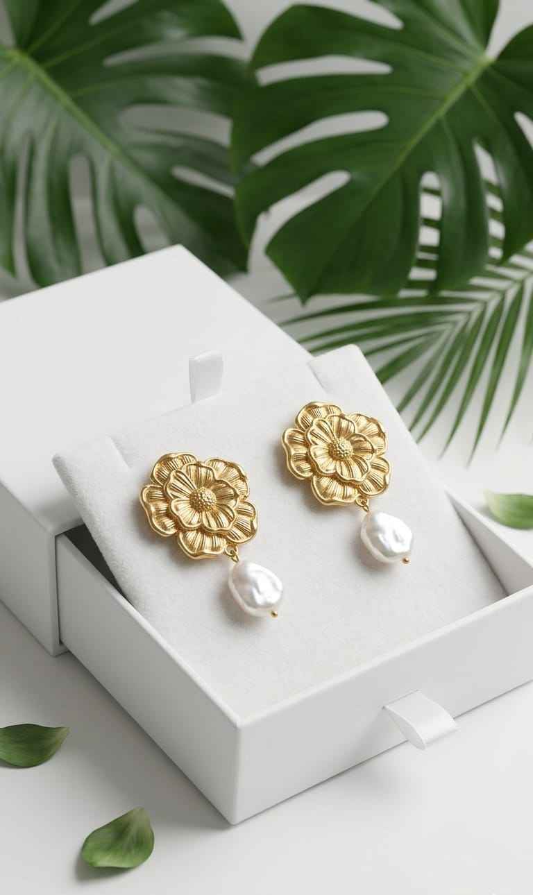 Gold floral earrings with white pearl drop dangles, shown in a gift box