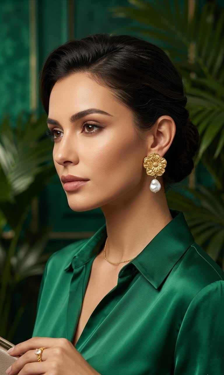 Gold floral earrings with white pearl drop dangles worn on a model
