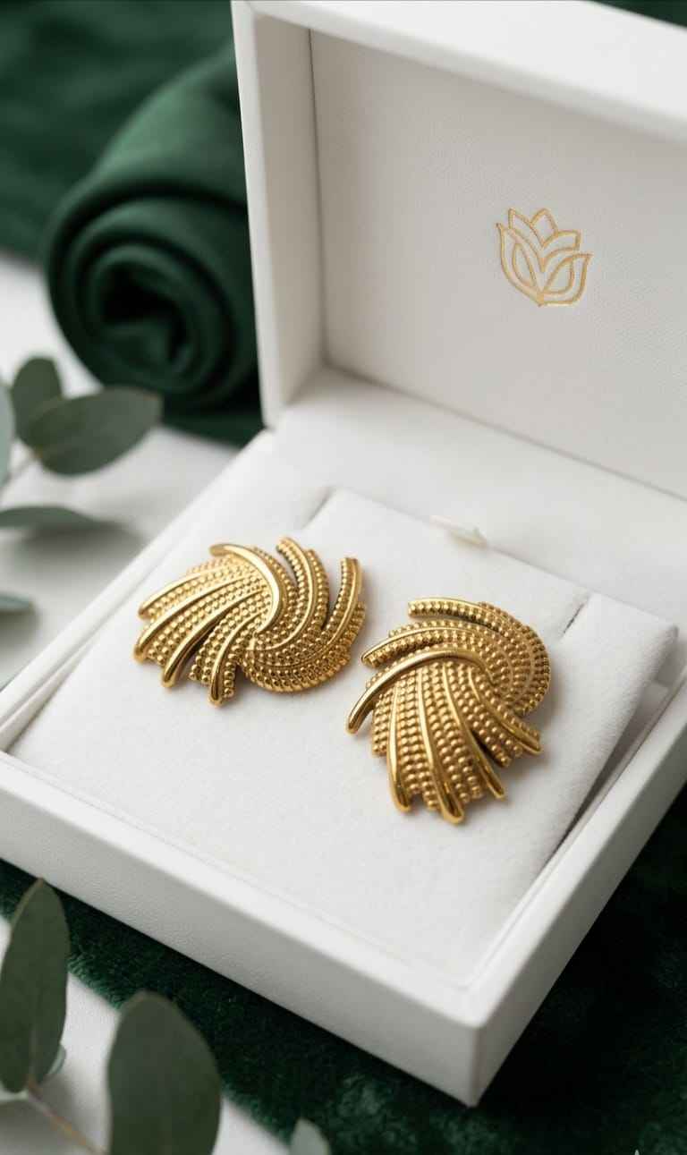 Gold swirl textured stud earrings with fan-shaped curled ridges