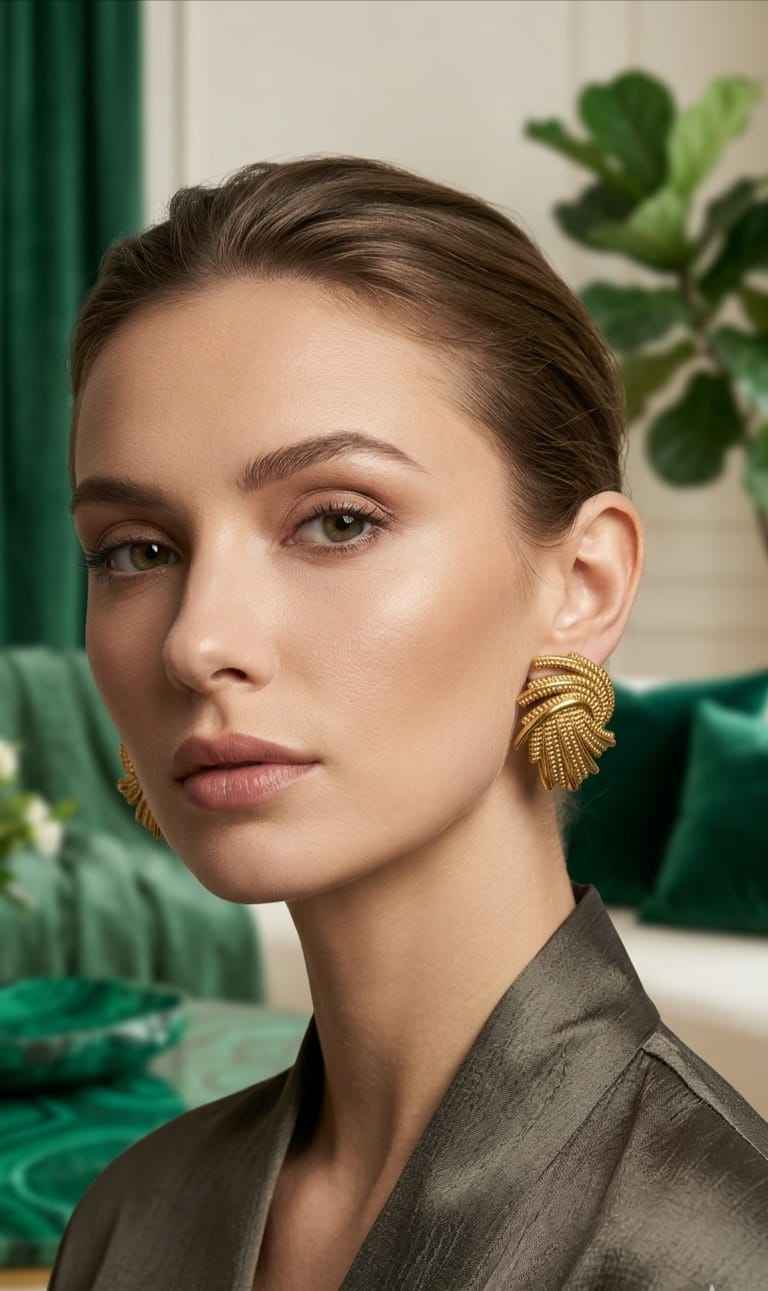 Gold swirl textured stud earrings with leaf-like ridged fan design
