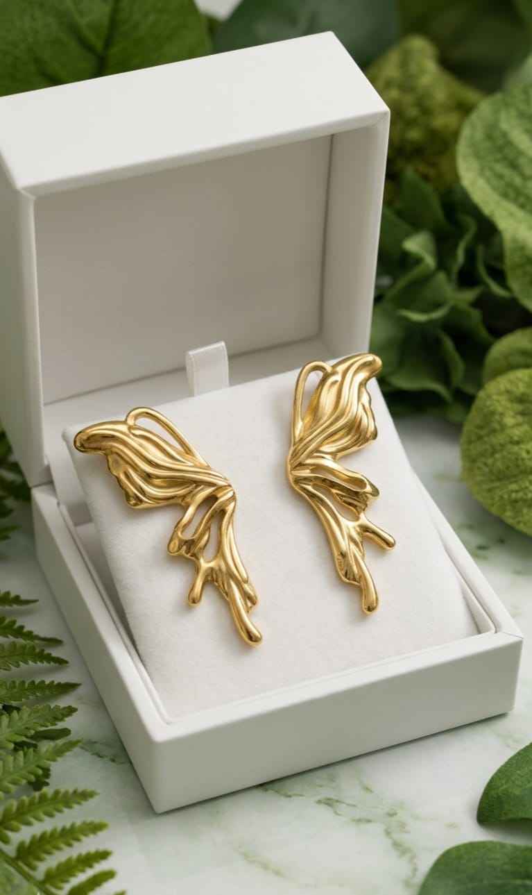 Gold sculptural drop earrings in gift box with leaf-like swirls