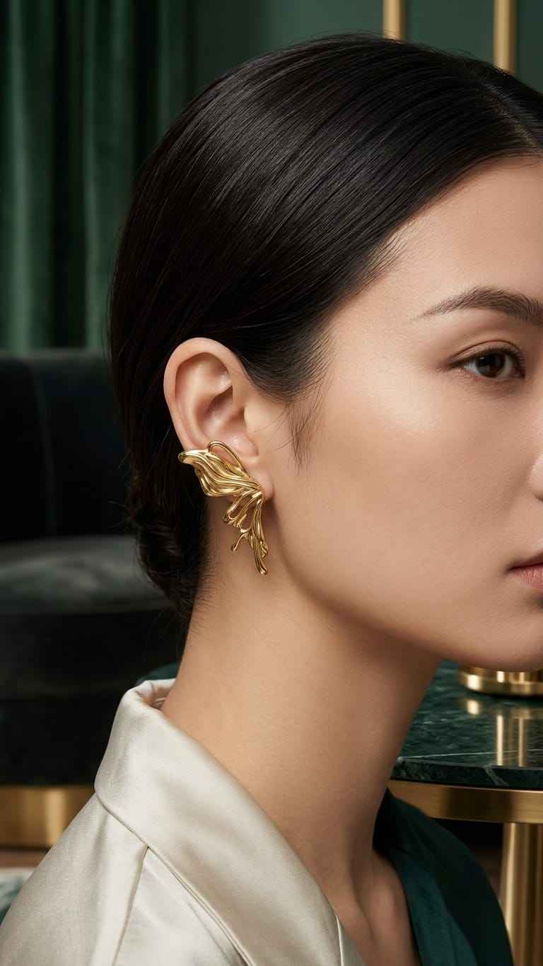 Gold sculptural drop earrings with leaf-like swirls, worn on ear