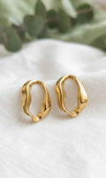 Gold open-shape hoop stud earrings, textured curved oval pair