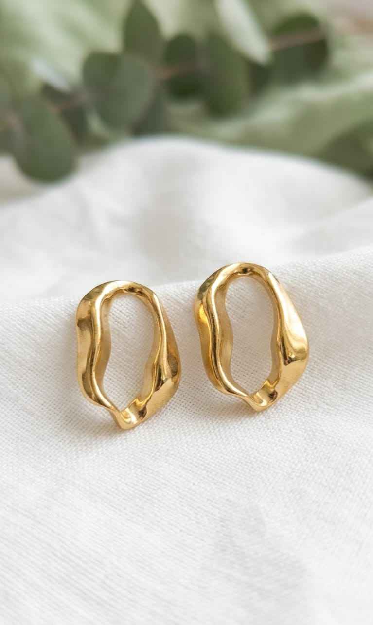 Gold open-shape hoop stud earrings, textured curved oval pair