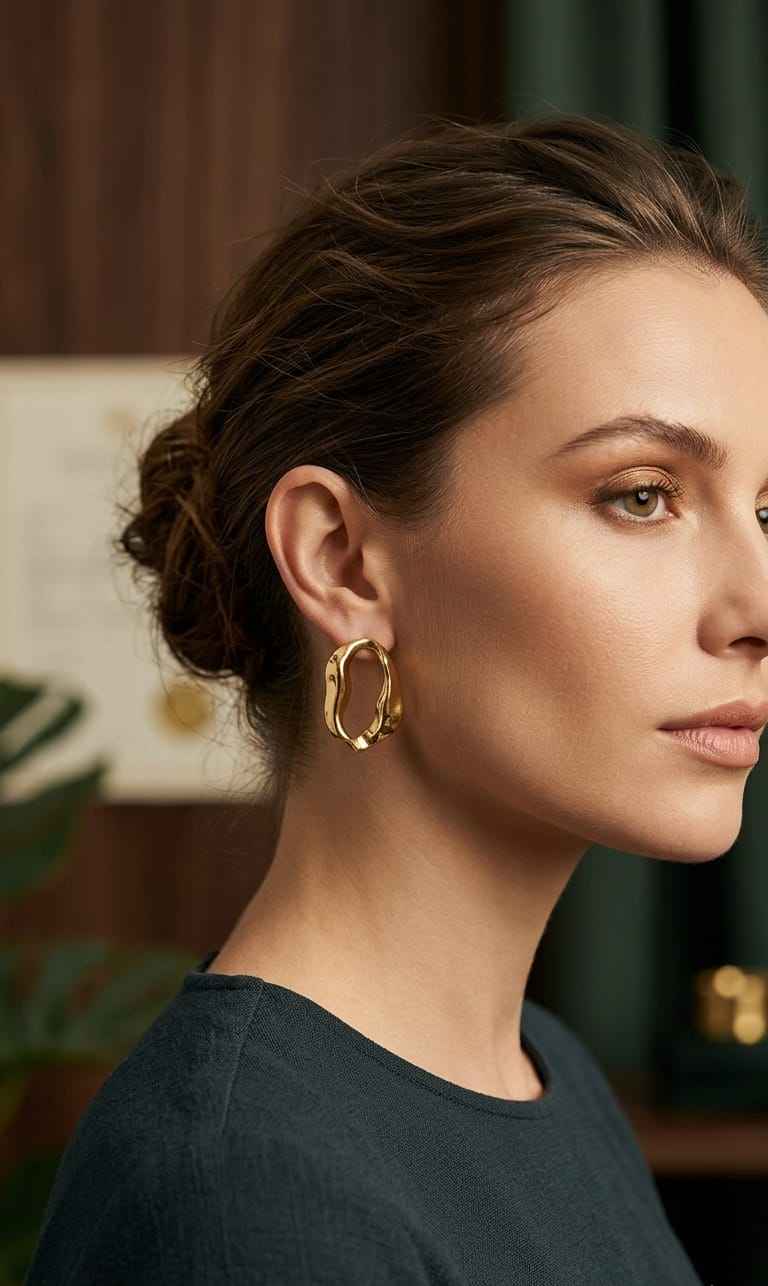Gold open-shape hoop stud earrings on model, curved oval textured metal
