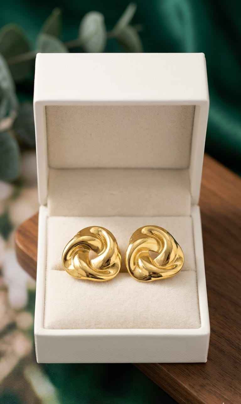 Gold twisted knot stud earrings displayed in a white jewelry box