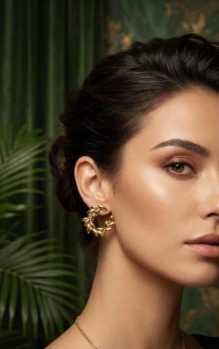 Gold leaf wreath hoop earrings with sculpted foliage design
