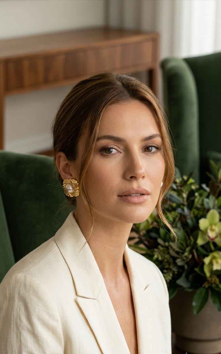 Pearl floral stud earrings worn with gold-tone leaf setting and round white pearls