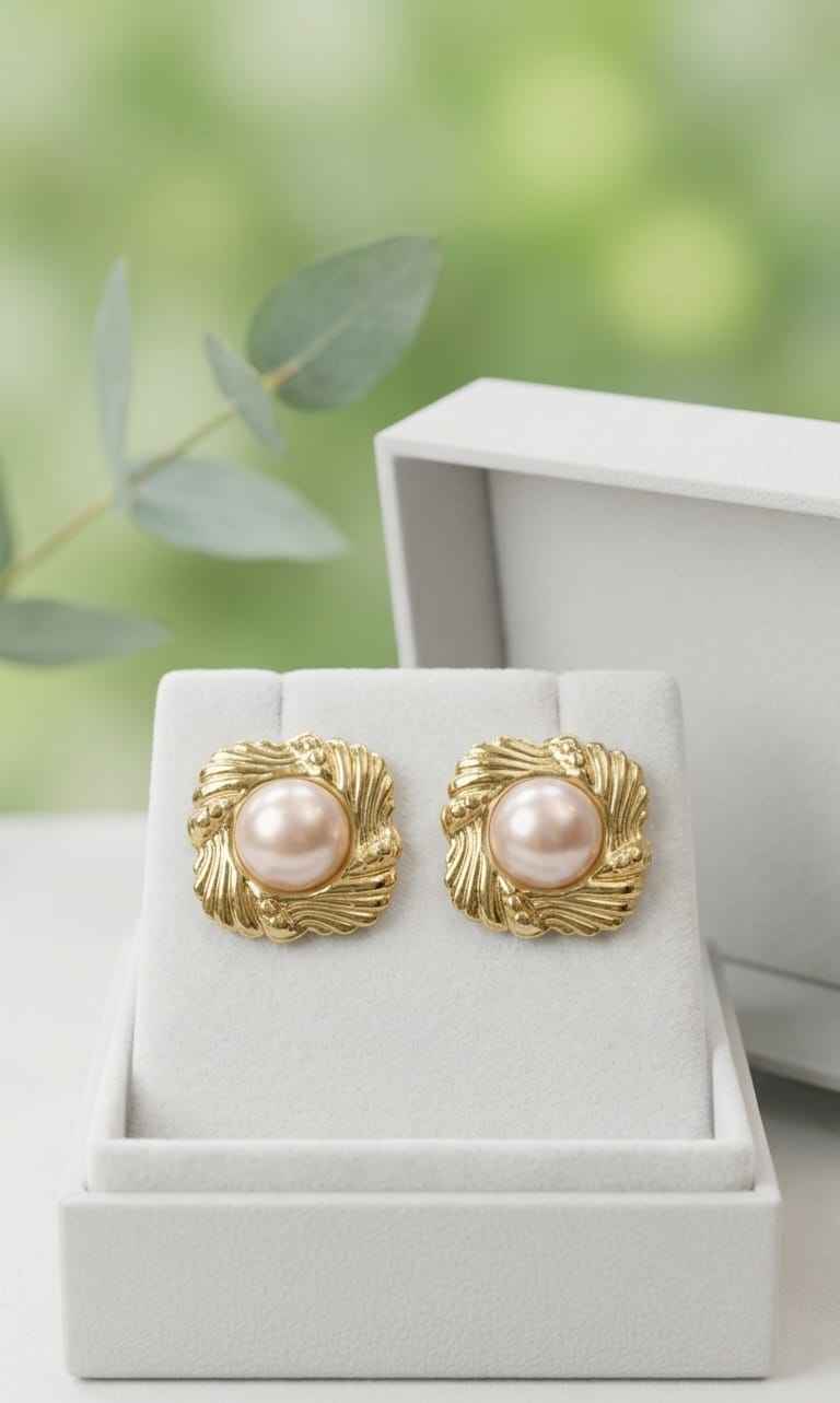 Gold-tone pearl floral stud earrings with round white pearl in leaf setting