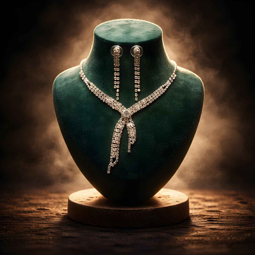 Gold-tone rhinestone X-cascade necklace and matching long earrings on bust