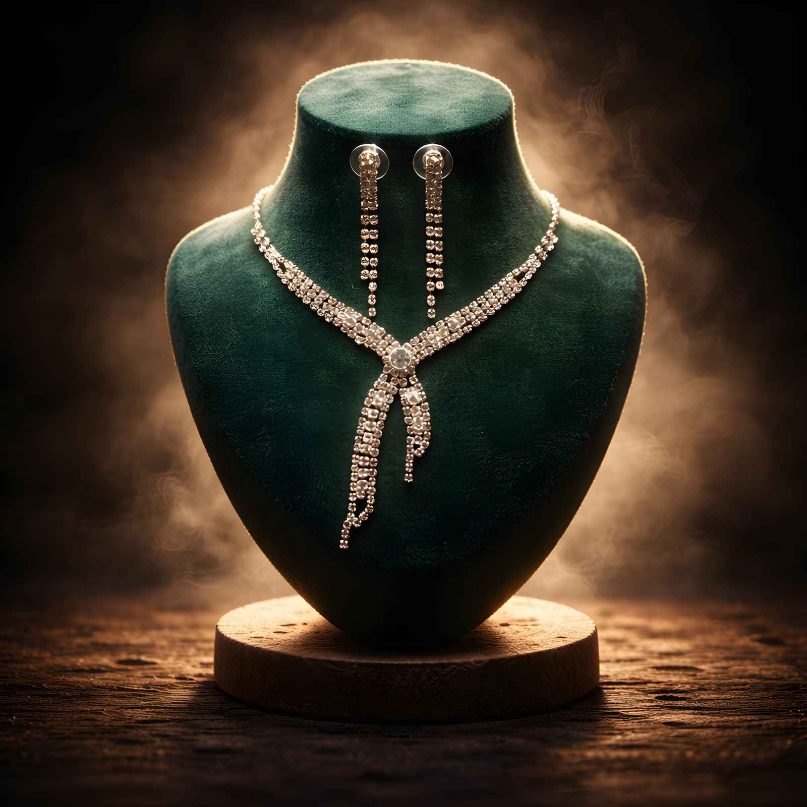 Gold-tone rhinestone X-cascade necklace and matching long earrings on bust