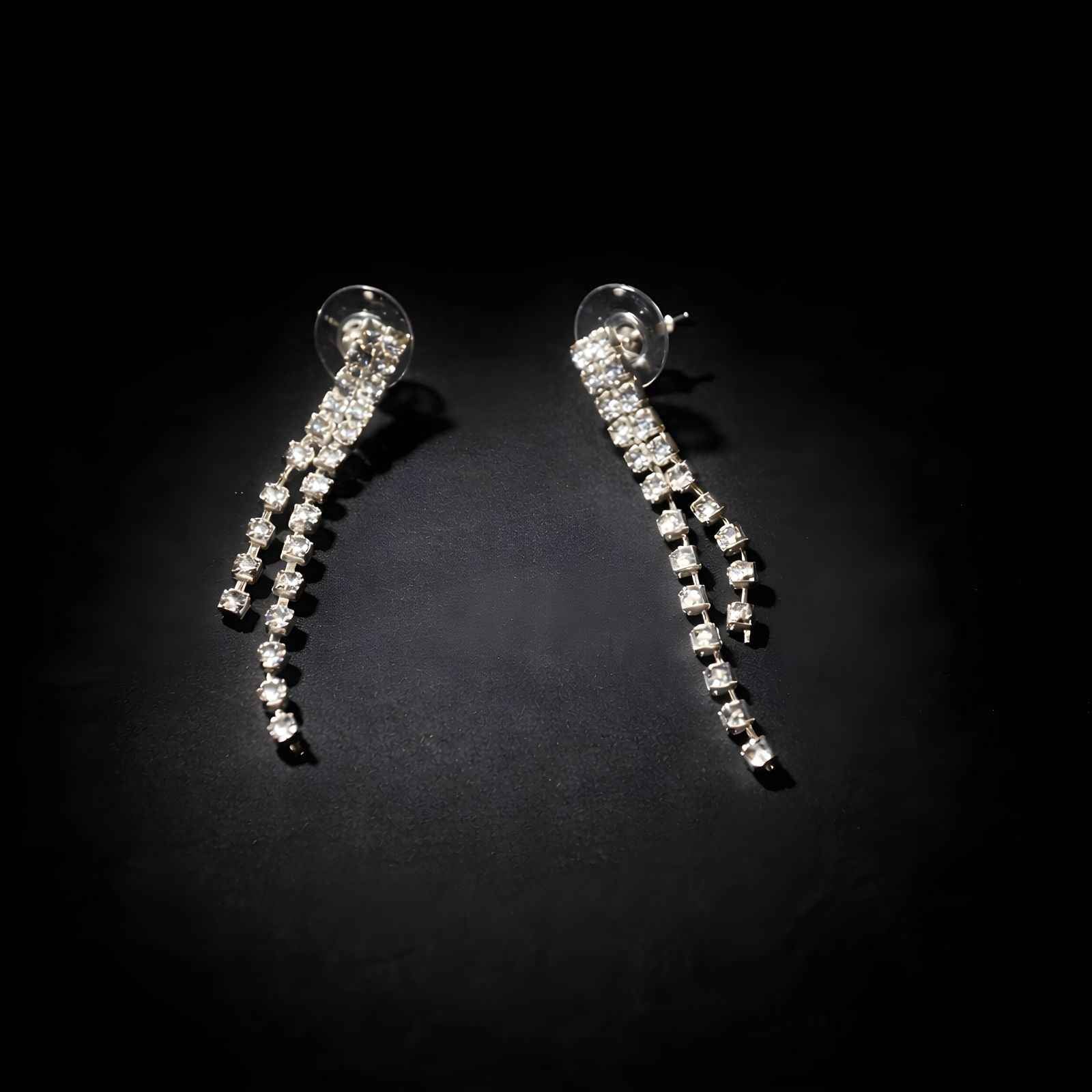 Pair of gold-tone rhinestone long dangling drop earrings